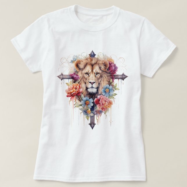 Jesus Vild Flowers Lejon av Gud Christian T Shirt (Design framsida)