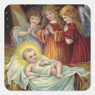 Jesus Vintage bild i Hälsning vid Änglar Baby Fyrkantigt Klistermärke