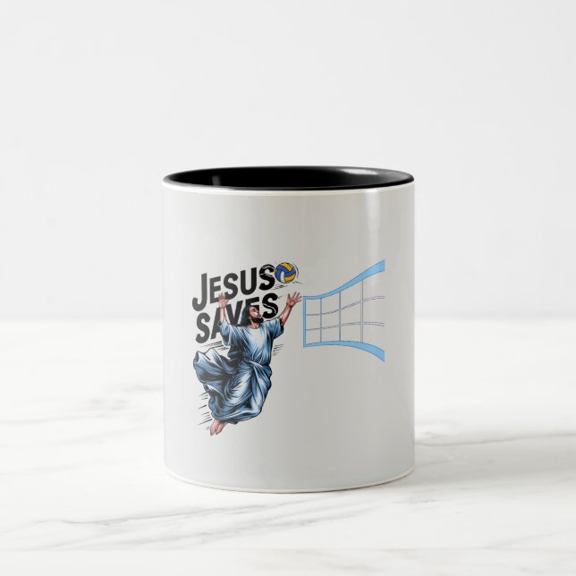 Jesus Volleyball Saves Funny Christian Faith Två-Tonad Mugg (Center)