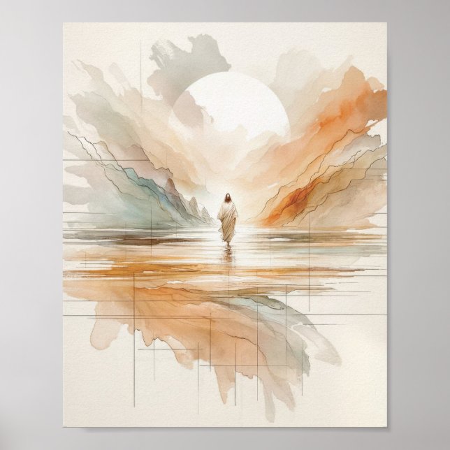 Jesus Walking on Vatten - inspirerande vattenfärg Poster (Framsidan)