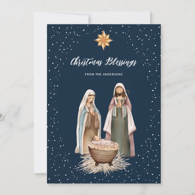 Jesusbarn julkrubba blå kristen jul julkort (Framsida)