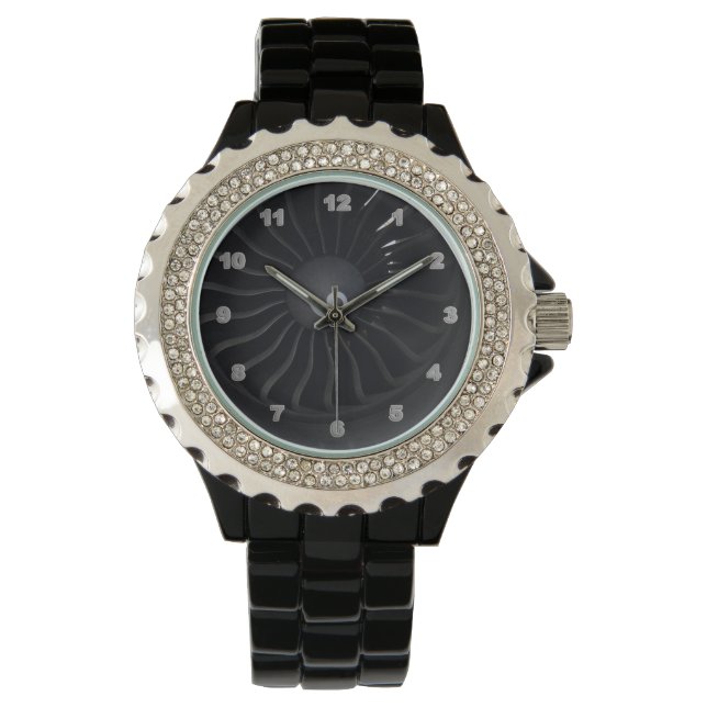 Jet Engine Rhinestone Black Enamel Armbandsur (Framsida)