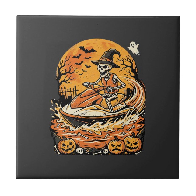 Jet Ski Halloween skelett häxa pumpa design_1 Kakelplatta (Framsidan)