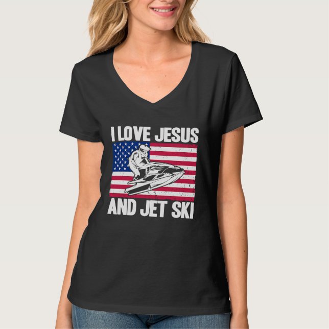Jet Ski I Love Jesus And Jet Ski American Flag T Shirt (Framsida)