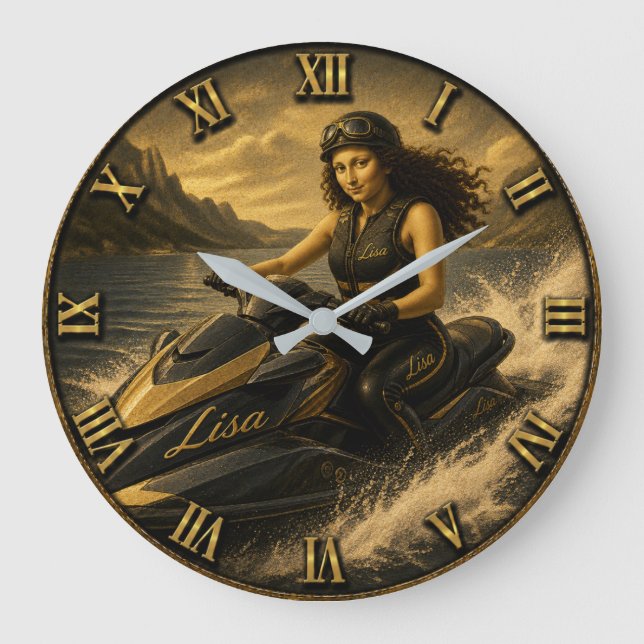 Jet Ski Rider Funny Mona Lisa Stor Klocka (Framsida)