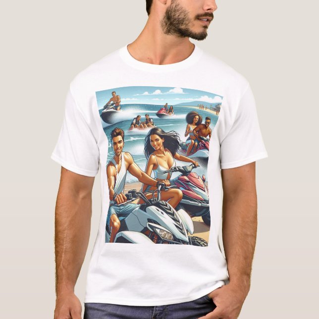 Jet skis och fyrhjulingar på stranden t shirt (Framsida)