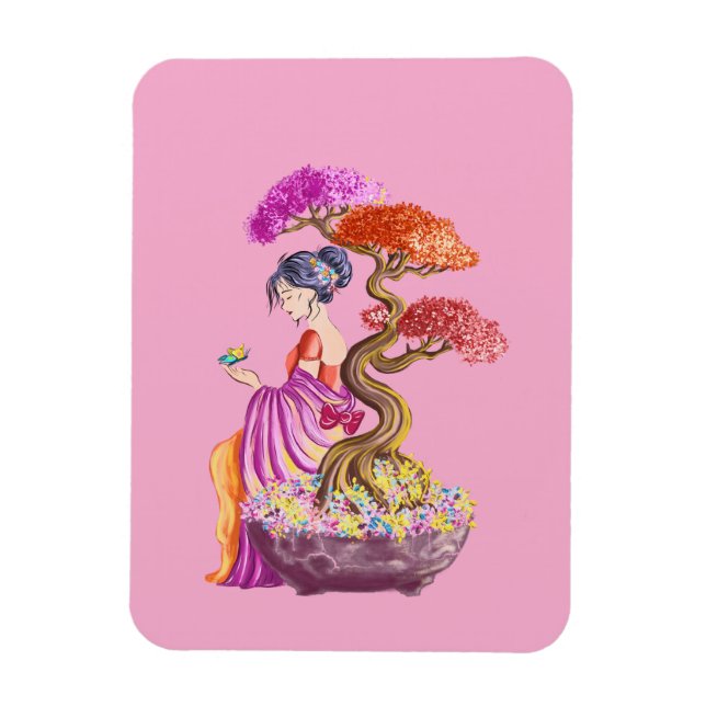 Jeune fille et son arbre japonnais géant. magnet (Vertikal)