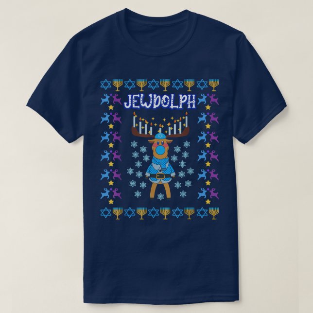 Jewdolph Jewish Reindeer Hanukkiah Fun Ugly Hanukk T Shirt (Design framsida)