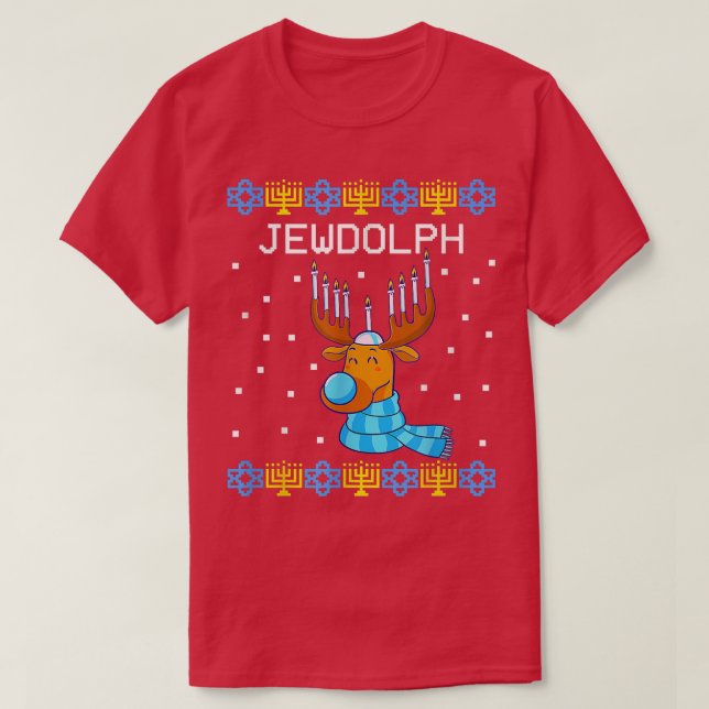 Jewdolph Ugly Hanukkah Sweater Reindeer Menorah Ch T Shirt (Design framsida)