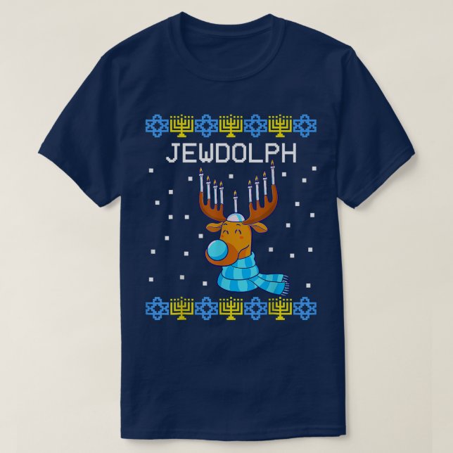Jewdolph Ugly Hanukkah Sweater Reindeer Menorah Ch T Shirt (Design framsida)