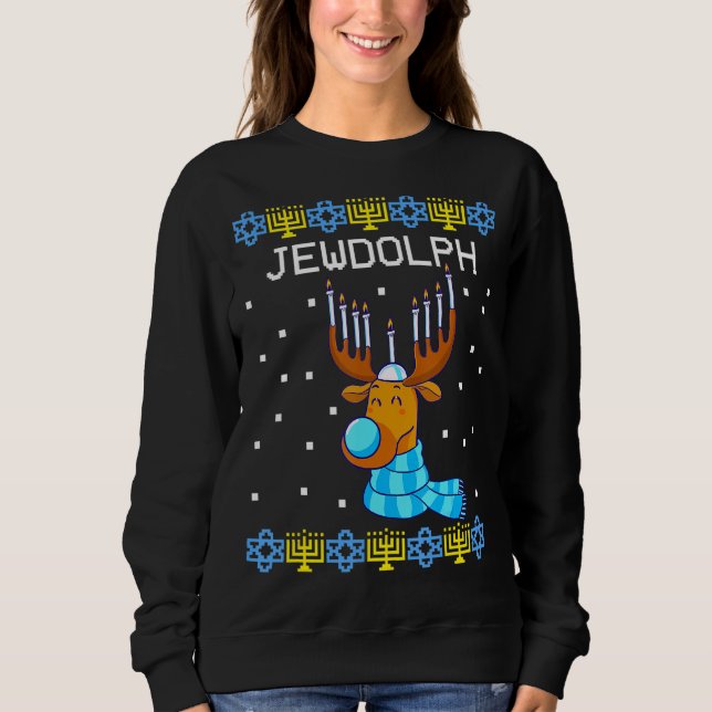 Jewdolph Ugly Hanukkah Sweater Reindeer Menorah Ch T Shirt (Framsida)