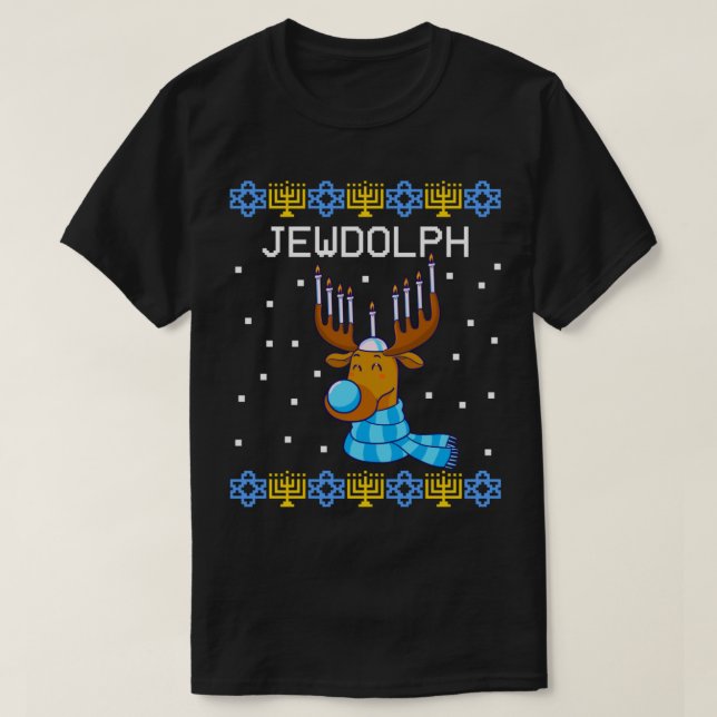 Jewdolph Ugly Hanukkah Sweater Reindeer Menorah Ch T Shirt (Design framsida)