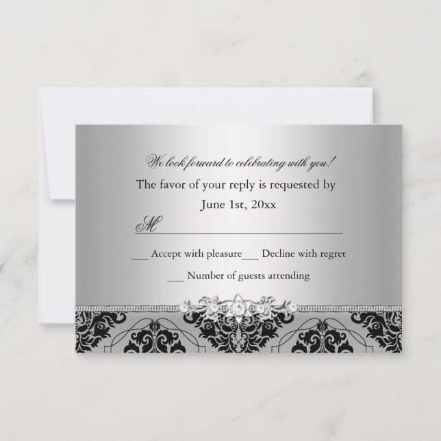 Jewel & Black Damask Silver RSVP OSA Kort (Framsida)