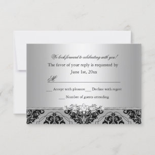 Jewel & Black Damask Silver RSVP OSA Kort