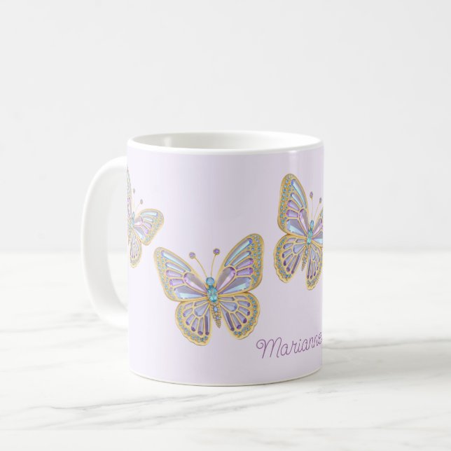 Jewel Butterflies Lila Blue Guld Kaffemugg (Framsida vänster)