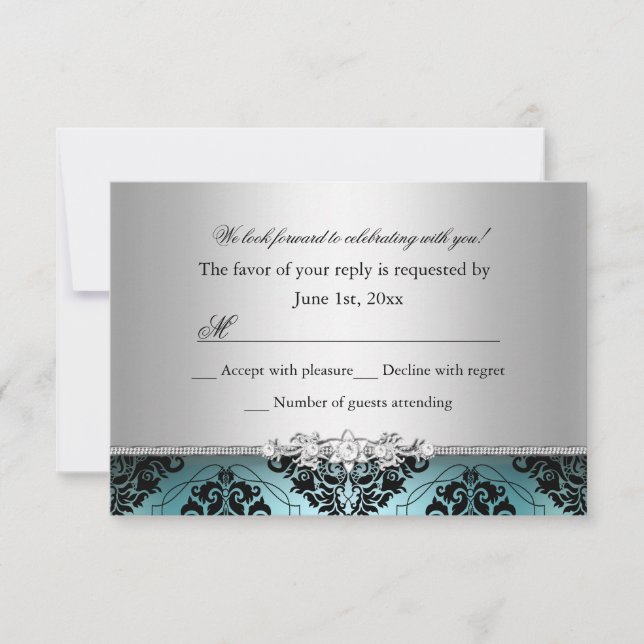 Jewel Damask Teal & Silver RSVP OSA Kort (Framsida)