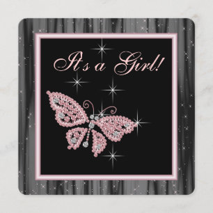 Jewel Fjäril Rosa Svart Baby Girl Shower Inbjudningar