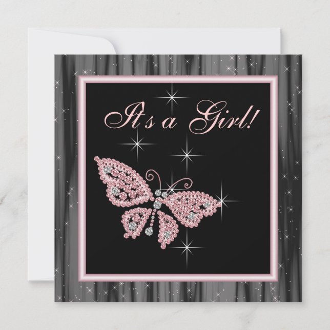 Jewel Fjäril Rosa Svart Baby Girl Shower Inbjudningar (Framsida)