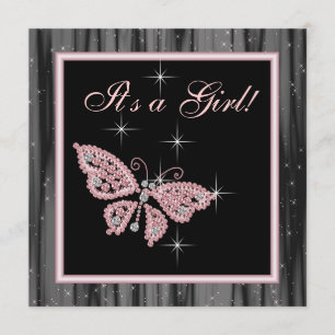 Jewel Fjäril Rosa Svart Baby Girl Shower Inbjudningar