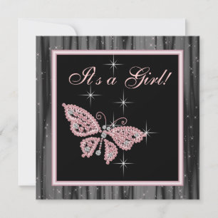 Jewel Fjäril Rosa Svart Baby Girl Shower Inbjudningar
