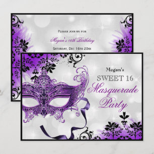 Jewel Mask & Damask Lila Masquerade Sweet 16 Inbjudningar