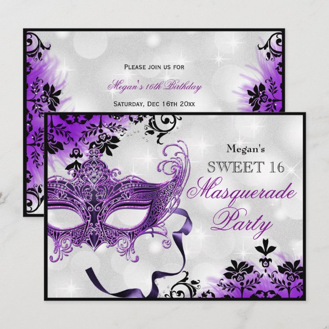 Jewel Mask & Damask Lila Masquerade Sweet 16 Inbjudningar (Fram/baksida)