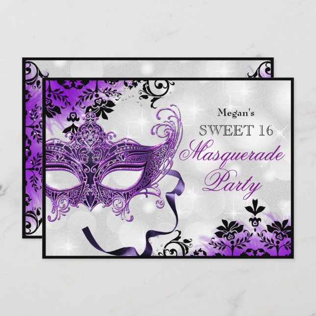 Jewel Mask & Damask Lila MasqueraSverige 16 Inbjudningar (Fram/baksida)