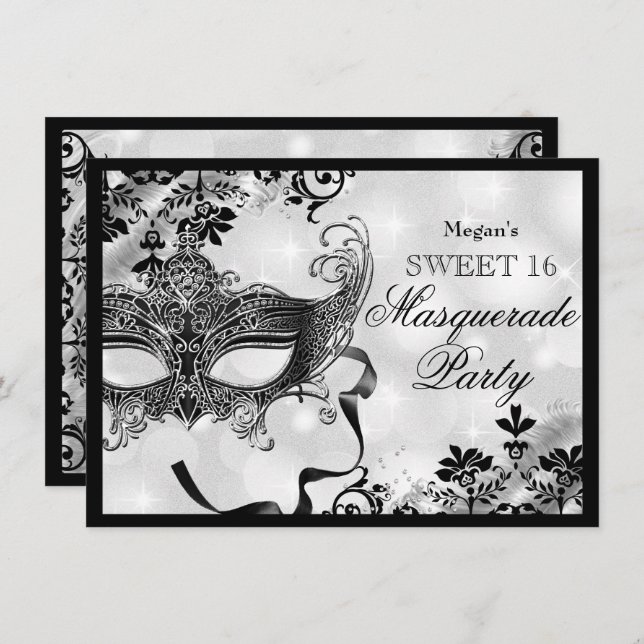 Jewel Mask & Damask Silver MasqueraSverige 16 Inbjudningar (Fram/baksida)