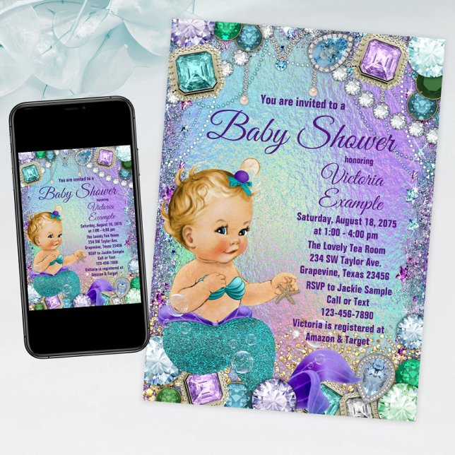 Jewel Sjöjungfru Blonde Sjöjungfru Baby Shower Inbjudningar (Mermaid baby shower invitation with cute mermaid baby on a jewel background. For print or download.)