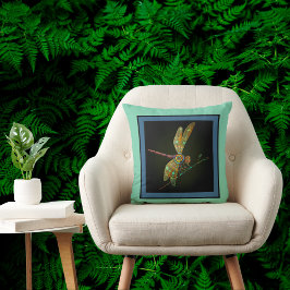 Jewel Tone Dragonfly Meets Mandala på Aqua Kudde