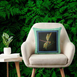 Jewel Tone Dragonfly Meets Mandala på Aqua Kudde
