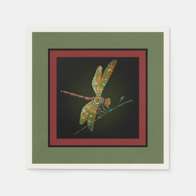 Jewel Tone Dragonfly träffar Mandala på Oliv grönt Pappersservett (Framsidan)