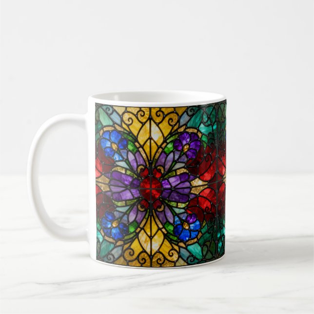 Jewel Tone Floral Stained Glass Art Mug Kaffemugg (Vänster)