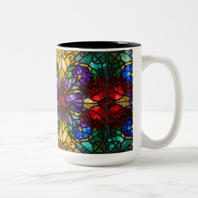 Jewel Tone Floral Stained Glass Art Mug Två-Tonad Mugg (Höger)