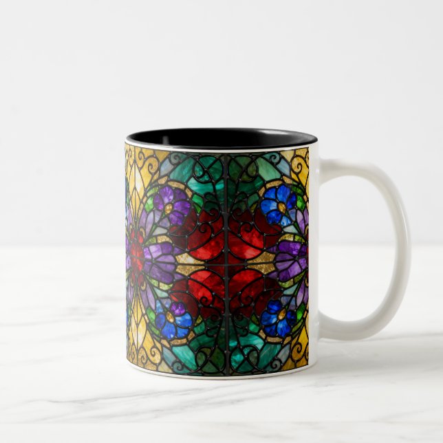 Jewel Tone Floral Stained Glass Art Mug Två-Tonad Mugg (Höger)