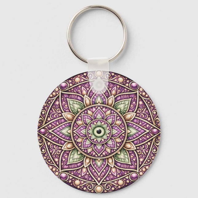 Jewel‑Tone Mandala Nyckelring – Färgrik Geometrisk (Framsida)