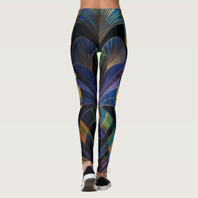 Jewel Tone Peacock Blue Purple Gold Art Deco Leggings (Baksida)