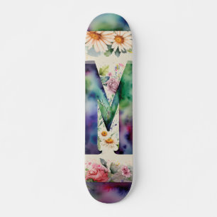 Jewel Toned Monogram M Colorful Watercolor Blommig Mini Skateboard Bräda 18,5 Cm