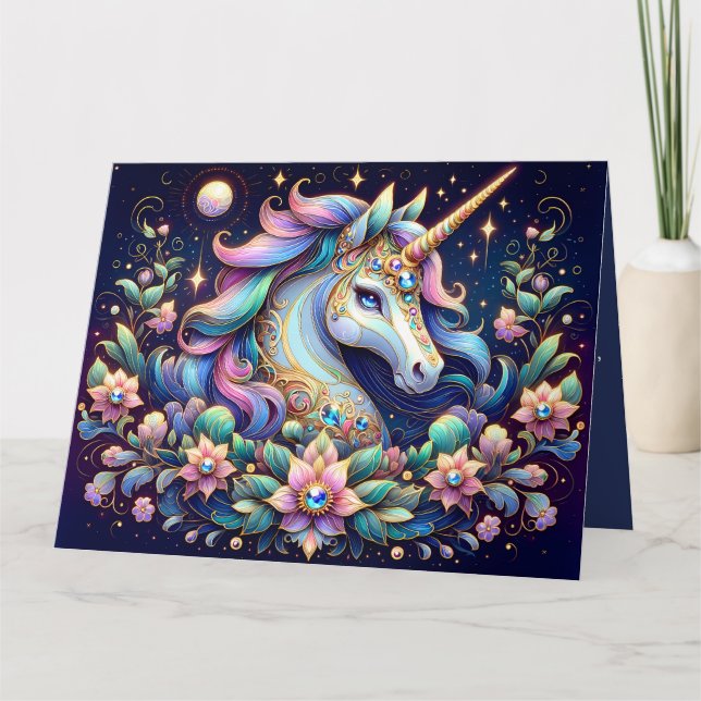 Jewel Toned Unicorn Floral Fantasy Kort (Framsida)
