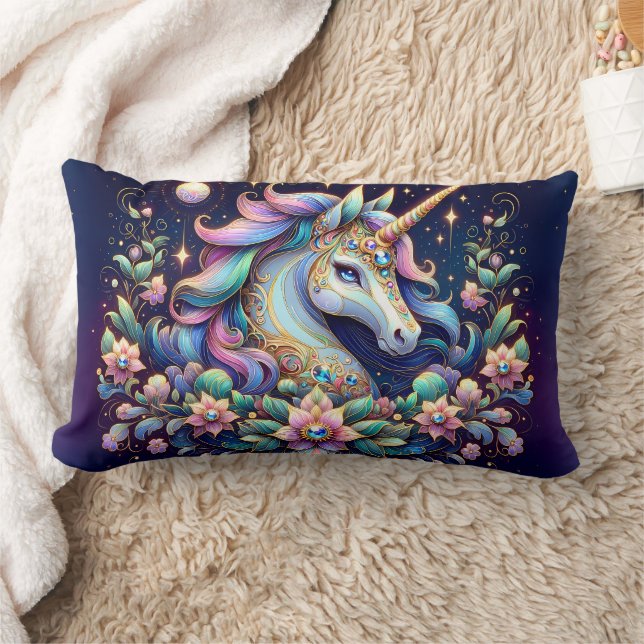 Jewel Toned Unicorn Floral Fantasy Lumbarkudde (Filt)