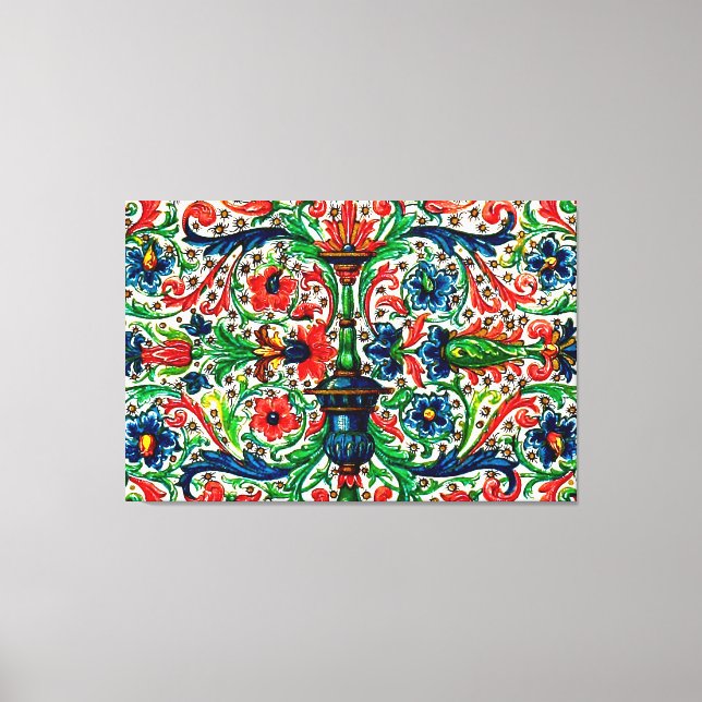 Jewel Tones Medieval Manuscript Flowers Scrollsar Canvastryck (Framsida)