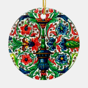 Jewel Tones Medieval Manuscript Flowers Scrollsar Julgransprydnad Keramik