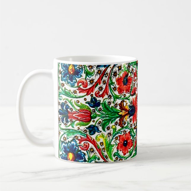 Jewel Tones Medieval Manuscript Flowers Scrollsar Kaffemugg (Vänster)