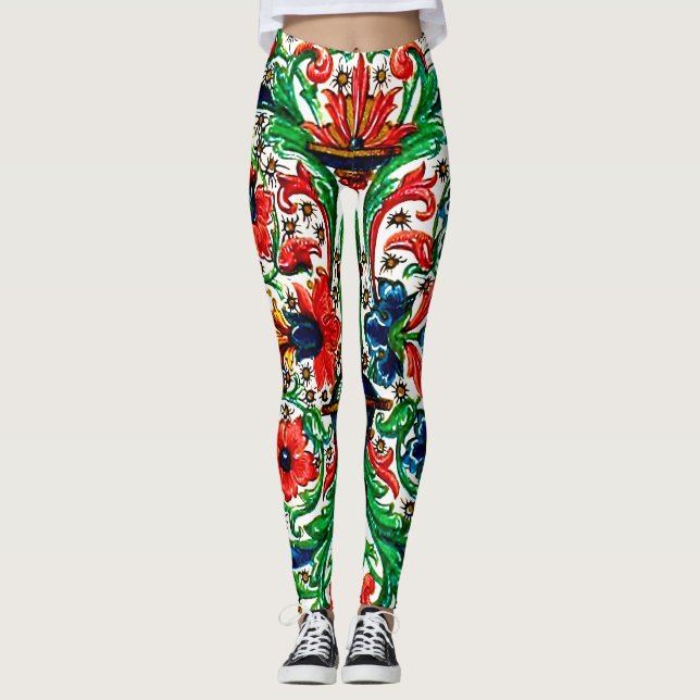 Jewel Tones Medieval Manuscript Flowers Scrollsar Leggings (Framsida)