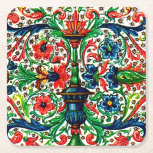 Jewel Tones Medieval Manuscript Flowers Scrollsar Underlägg Papper Kvadrat