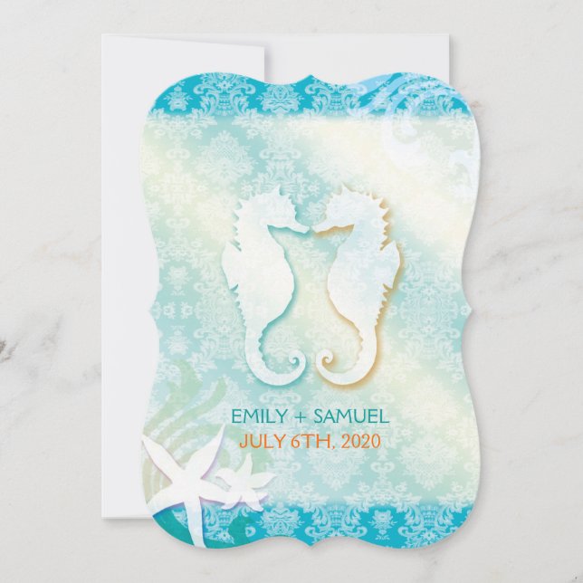 Jeweled Damask SeaHorse Starfish Beach Wedding Inbjudningar (Framsida)