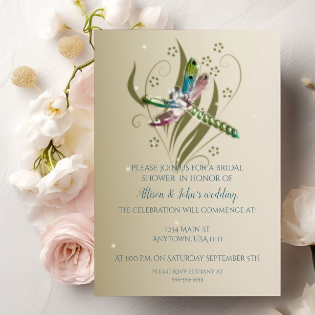 Jeweled Dragonfly Inbjudningskort för möhippan (Jeweled Dragonfly Bridal Shower Invitation)