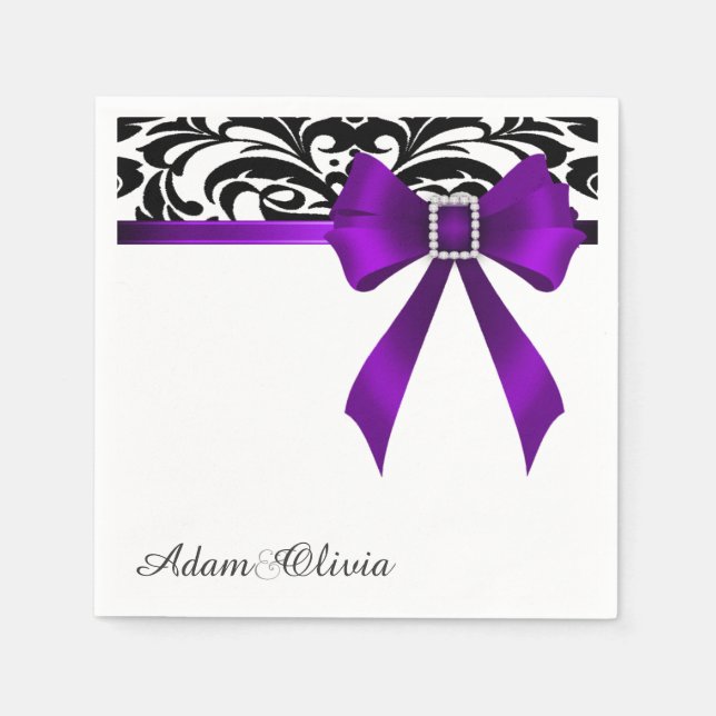 Jeweled Lila Bow Damask Wedding Pappersservett (Framsidan)