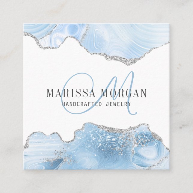 Jewelry Designer Blue Agate Geode Monogram Fyrkantigt Visitkort (Framsida)