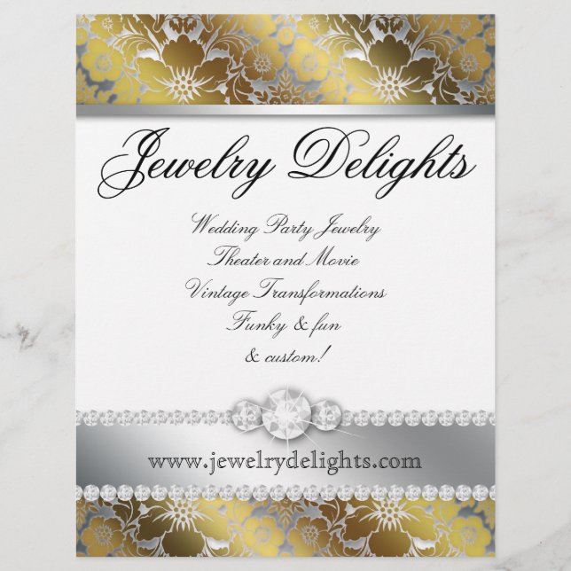 Jewelry Flyer Hair Salon Blommigt Damask Guld Silv (Framsidan)
